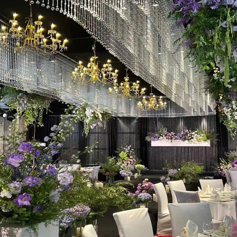 Wedding Hall Decoration Ceiling Hanging Decorative Crystal Bead Curtains Draping Glass Pendant Hanging Beads Curtain for Wedding