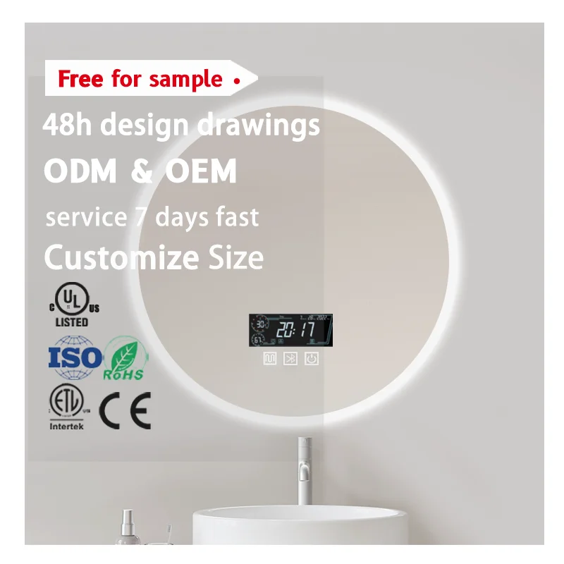 Customized Frameless Backlit Led Lighted Wall Mounted Mirror anti-fog Led Round Bathroom Mirror with Bluetooth music speaker
