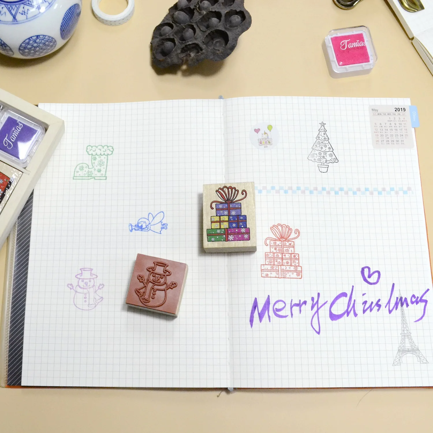 2024 new design toys for christmas Wooden Rubber Stamp kids christmas stamp toys