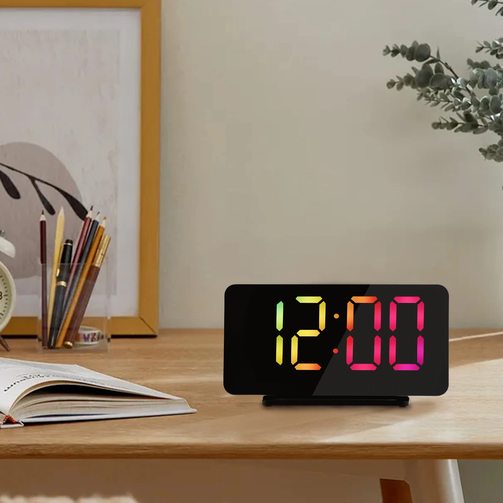 Double Alarm with Snooze  Radio Voice Adjustable LED  Time Memory Mirror Rectangle Colorful Display  Clock