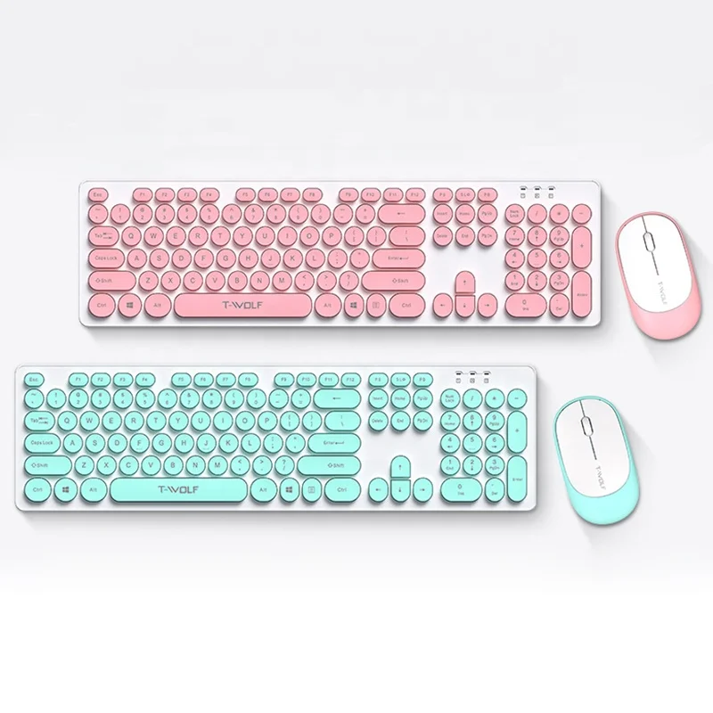 T-WOLF TF770 Office Pink Round Keycap Steam Punk Style Retro 2.4G Wireless Keyboard And Mouse Combo Set For Girls