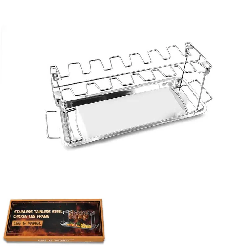 14 Slots Foldable BBQ Chicken Drumsticks Rack Stainless Steel Roaster Stand with Drip Pan Chicken Leg Barbecue Grill Rack