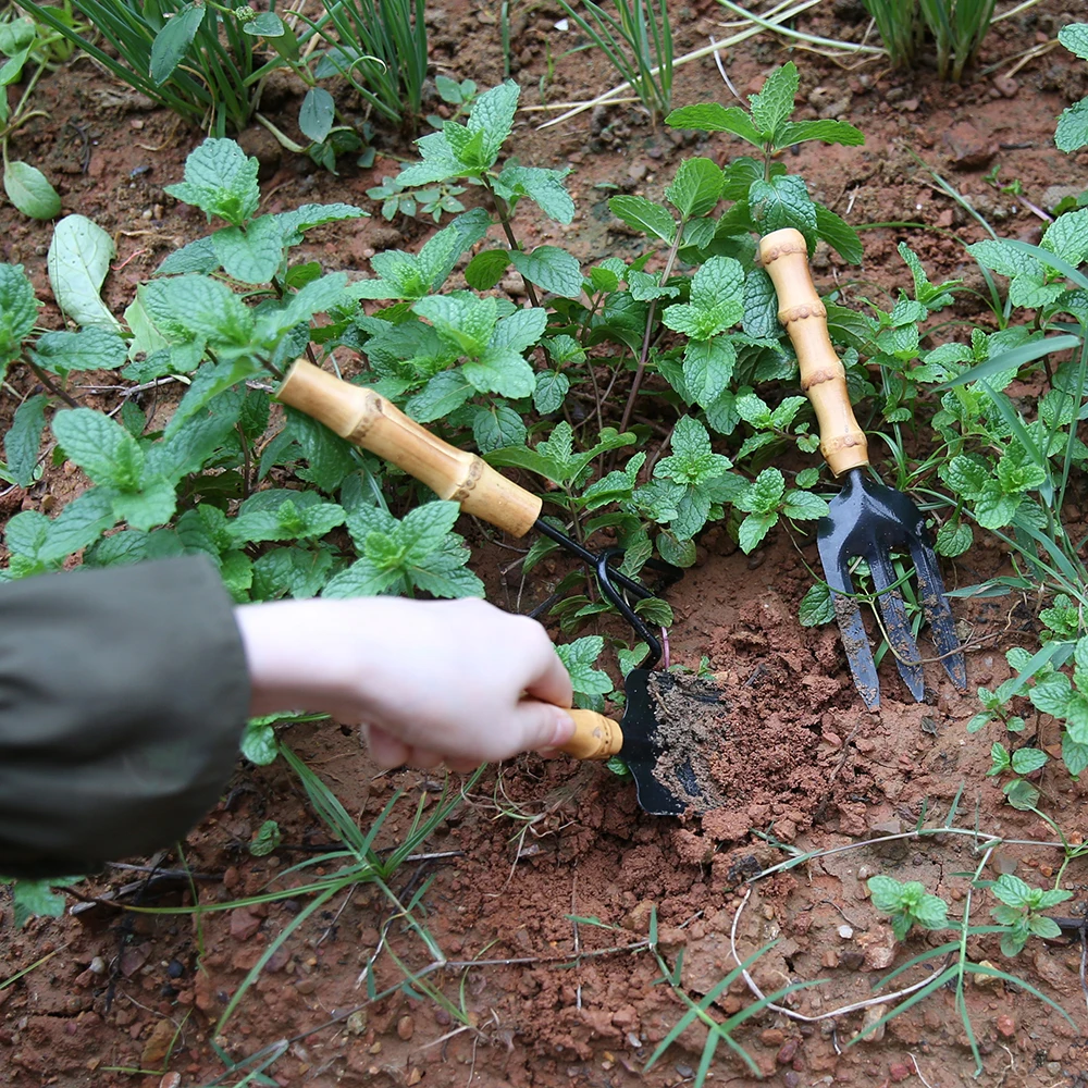 Nilerun Wood Wooden Bamboo Root Handle Hand Spade Shovel Fork Trowel Cultivator Rake Garden Plant Tool Set