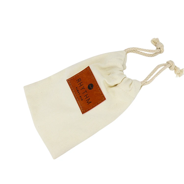 Organic Cotton Canvas Bags Drawstring Cotton Bag Small Gift Bag For Jewelry Muslin Cotton Linen Pouch With PU Leather Label