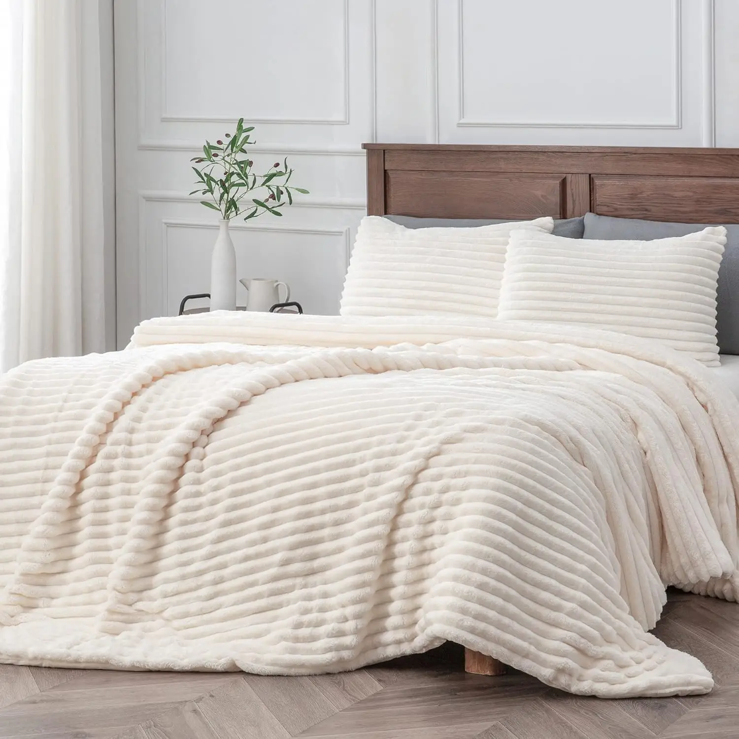 wool plus double bed quilt set - super soft warm fluffy white bedding, luxurious plush thick bed set