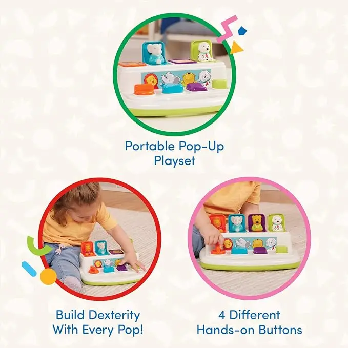 Pop-up toy with buttons and colours - Colour-coded animal toys - Suitable for children, toddlers, babies - 18+ months