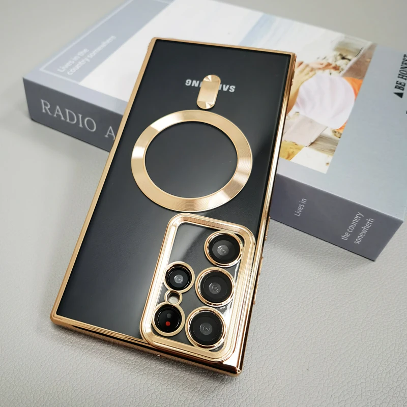 Luxury Transparent Plating Magnetic Case for Samsung Galaxy S21 S22 S23 Ultra Plus Wireless Charger Silicone Clear Cover Cases