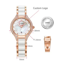 SINOBI Fancy Watch For Ladies S9857L Ceramic Alloy Rosy Strap Delicate Pearl Dial Lady Analog Bezel Iced Out Quartz Watches