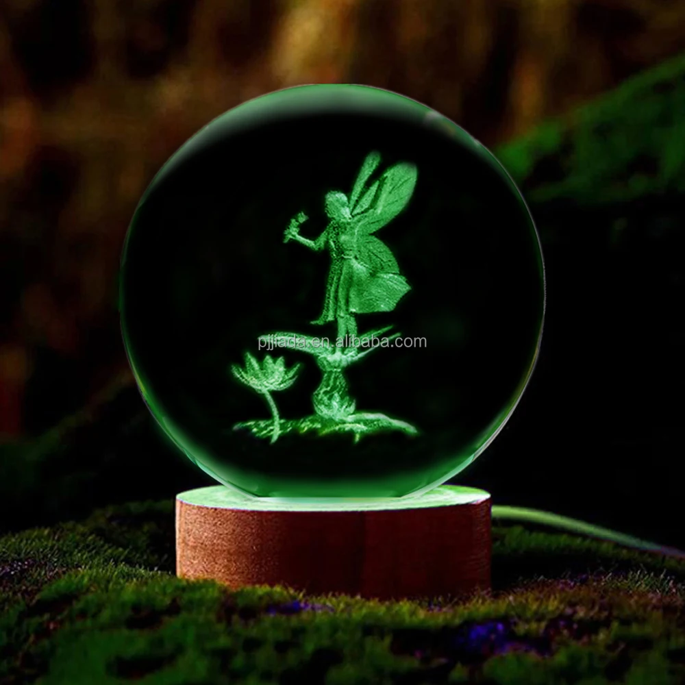 Crystal Ball Small Light Night 3D Engraved Axolotl Rose Moon Planet Galaxy Glass Ball with Wood Led Light for Home Decor