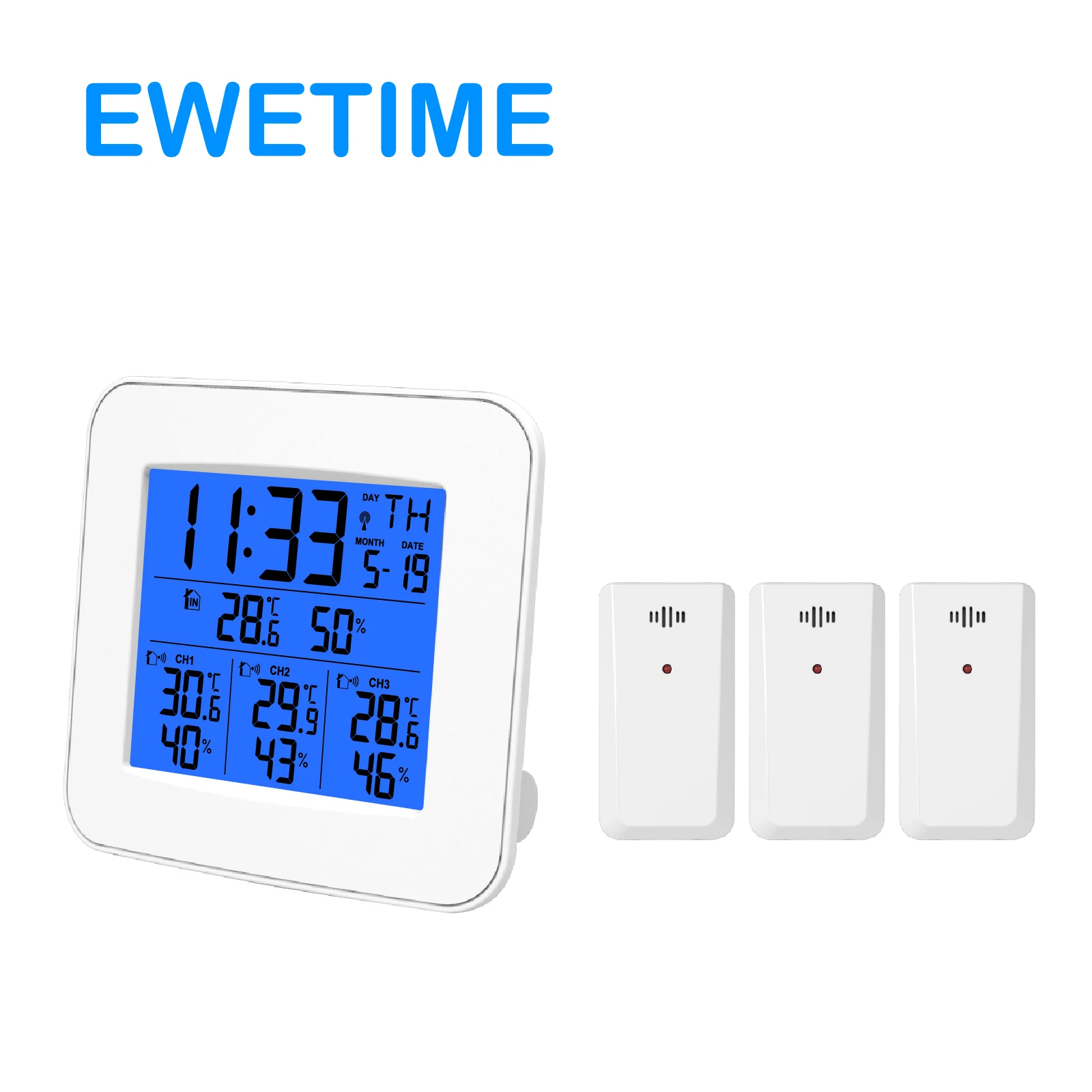 Digital thermometer with radio controlled time display indoor outdoor temperature humidity with three sensors for home warehouse