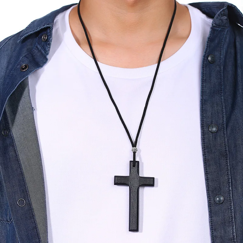 Wholesale Couple Long Cross Pendant Sweater Chain Minimalist Hand Carved Brown Black Wooden Cross Charm Necklace for Women Men