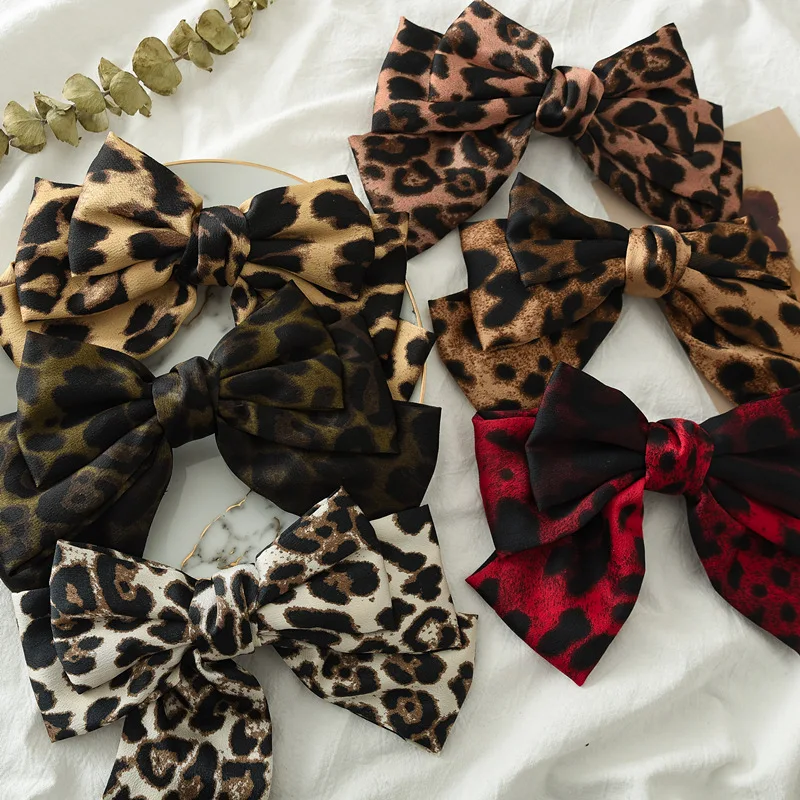 European And American New Style Leopard Bow Knot Hair Clip Satin Fabric Spring Hairpin