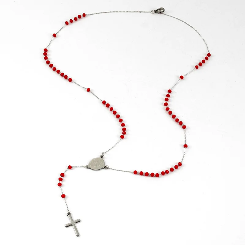 Нержавеющая сталь Религиозные ювелирные изделия крест кулон четки ожерелье с 3 5 мм 6 Красный Синий Черный Кристалл бусины