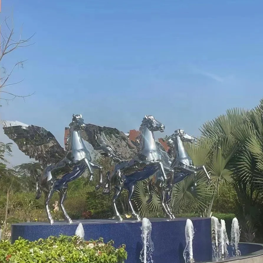 Custom handmade polished metal art statue animal horse with angel wing decor outdoor sculpture