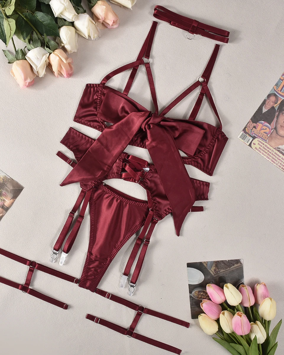 High Quality Bandage Big Bow Underwire Bra Thong Garter Belt Set Hollow Out Erotic Sexy Romantic Lingerie For Women