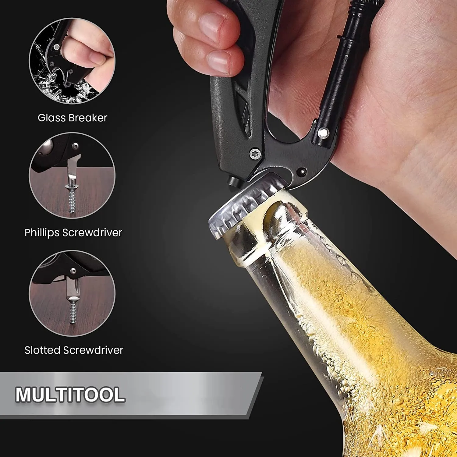 Multitool Carabiner with Pocket Knife EDC Carabiners Keychain with Folding Knives Bottle Opener Window Breaker and Screwdriver