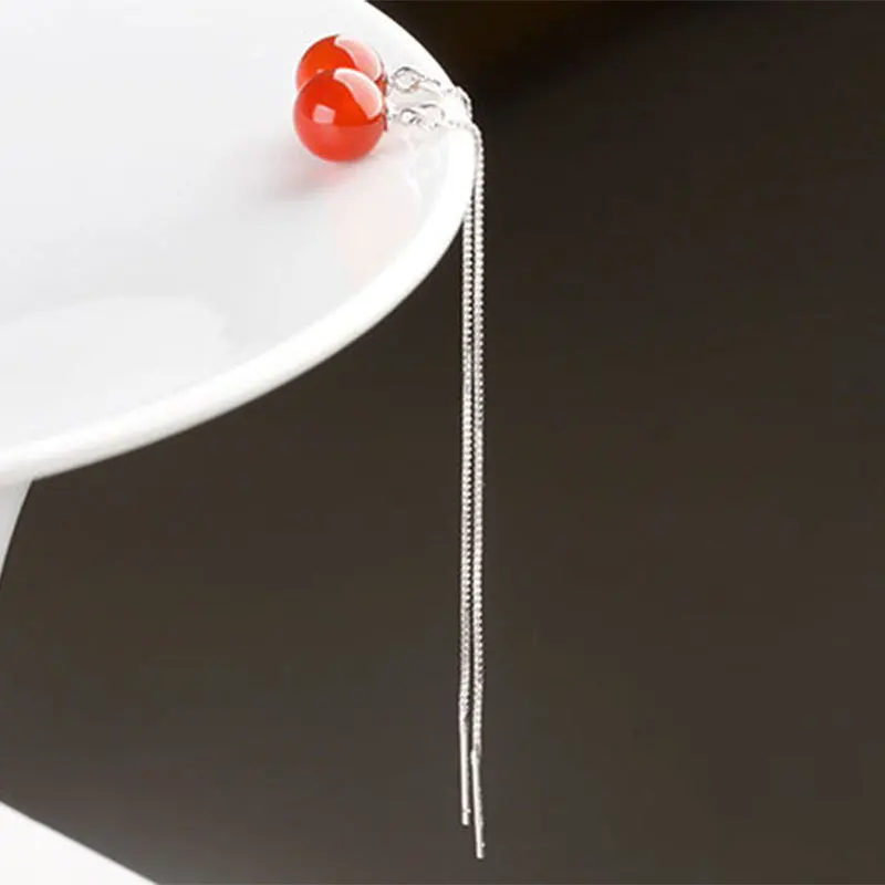 New Arrival Black Red Agate Earrings Silver Long Earrings Korean Thread Earrings for Women