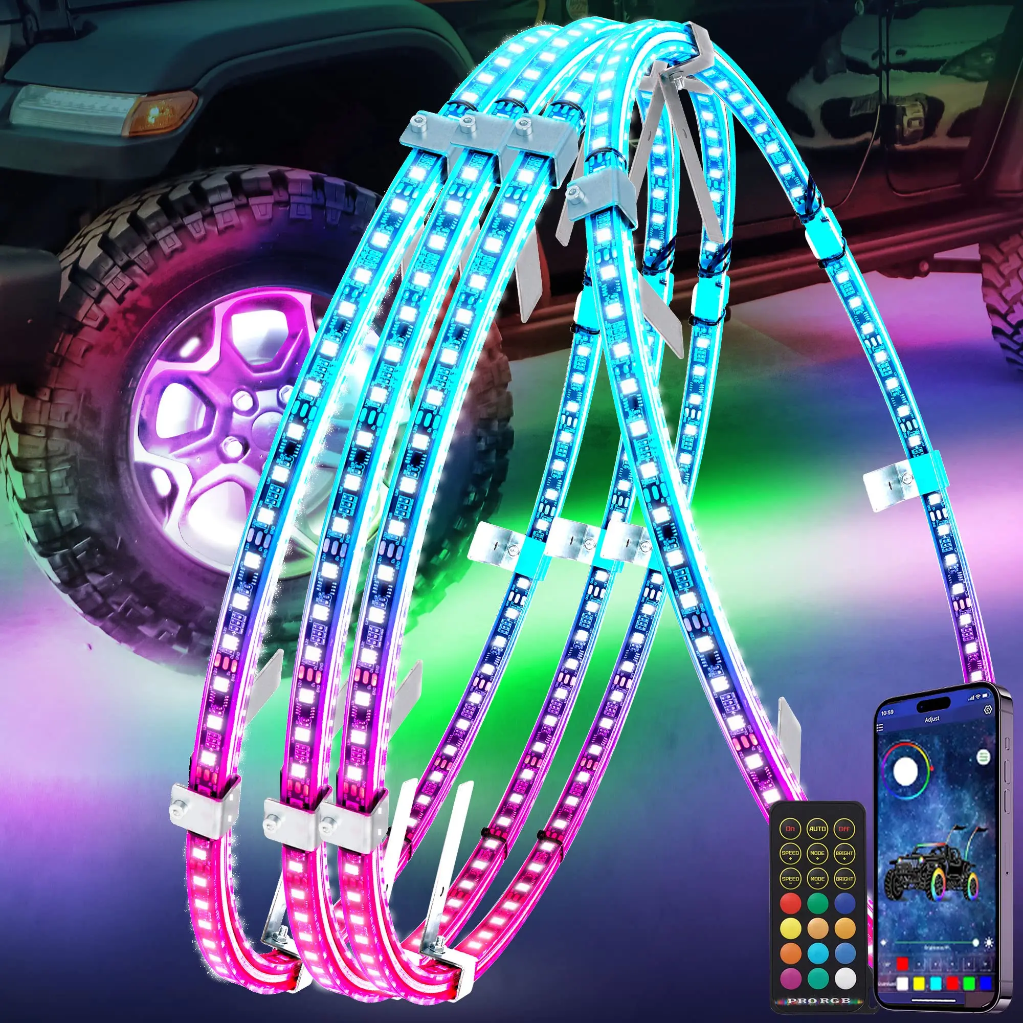 LED Dream Chasing Colors L/R turn signal and brake backlight 2-row wheel rim RF/APP flow neon strip light decoration kit