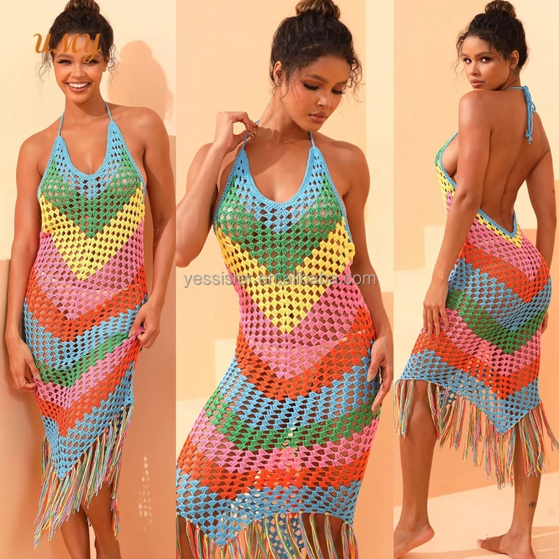 Handmade Wedding Multicolor Knitted Dress with Hollow Tassel crochet beach wear Cover Ups for Adults