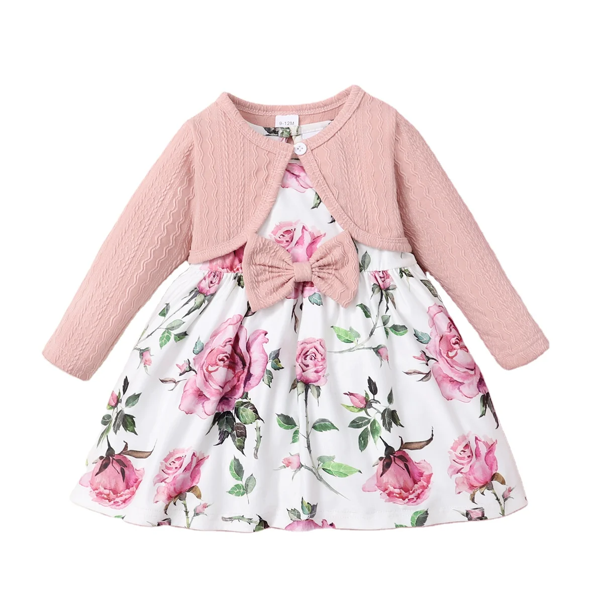 Sunny Baby 2023 Spring and Autumn New Kids Clothing Pink Long Sleeve Top + Bow Floral Dress Toddler Girls Two-piece Set
