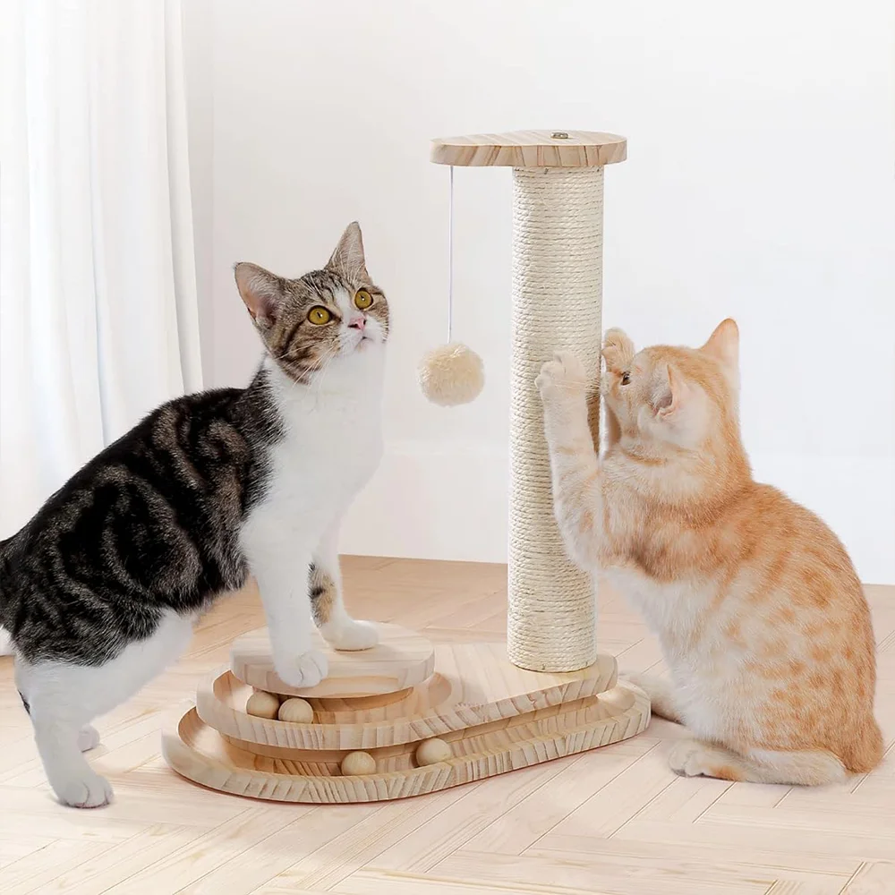 Cat Scratching Post Trees and Scratcher Kitten Toys Wooden Ball Track Sisal Tall Scratch Interactive Toy