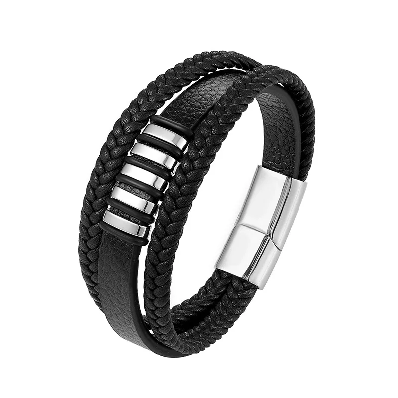 Jewelry Wholesale Punk 3 Layer Bangle Jewelry Stainless Steel Magnetic Buckle Wrap Braided Genuine Leather Bracelet Men