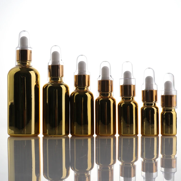 Grossiste flacon 5ml 10ml 15ml 30ml 50ml 100ml gold color dropper glass bottle with aluminium cap for essencial oil