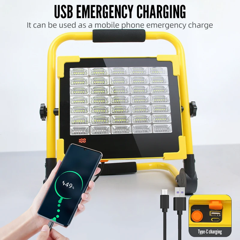 New Design Led Flood Light 300W With Solar hand lamp 175 Led Flood Light  USB TYPE-C Charging Light Floodlight