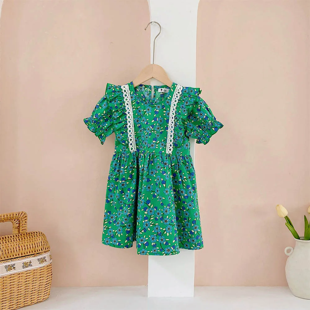 Bear Leader Summer Flower Girls Dresses Lace Short Sleeve Princess Dress Party Birthday Costume Vestidos New Green Kids Clothes