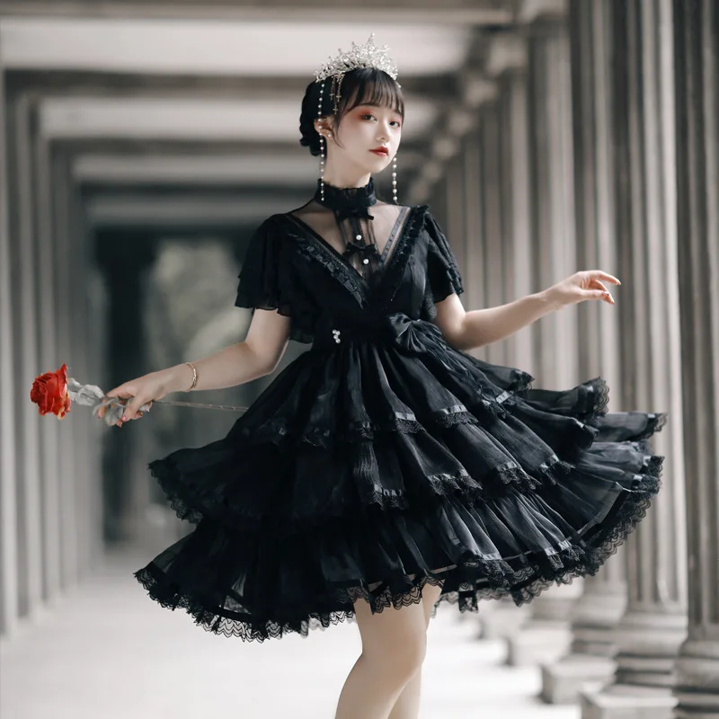 Sweet ruffled bow square collar fluffy party dresses short sleeve lolita sexy dress gothic lolita dress tutu big