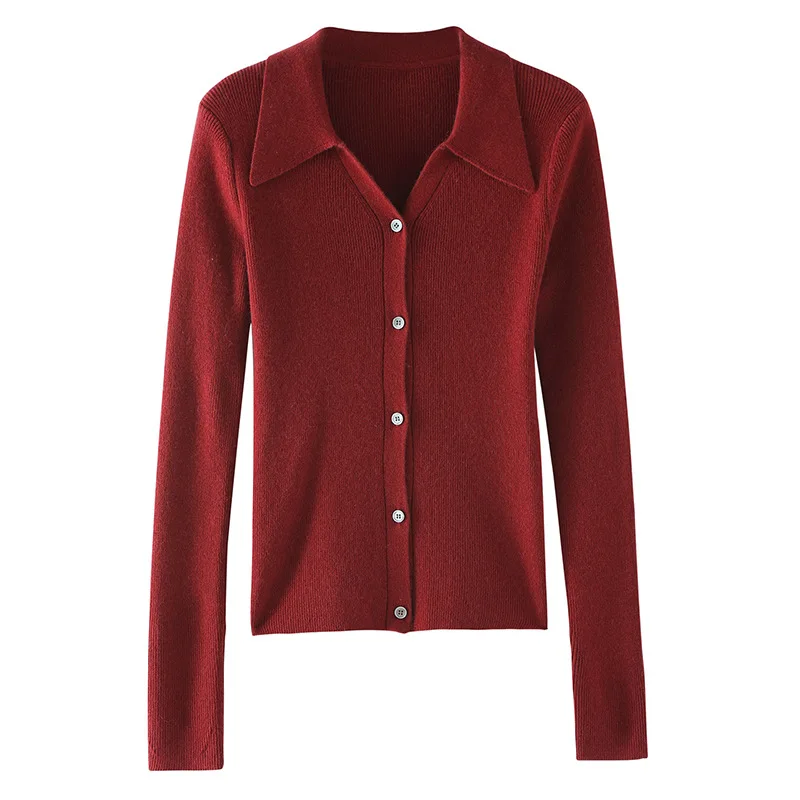 2024 spring and autumn wholesale european women polo collar cardigan Solid color slim fit cashmere knitted top