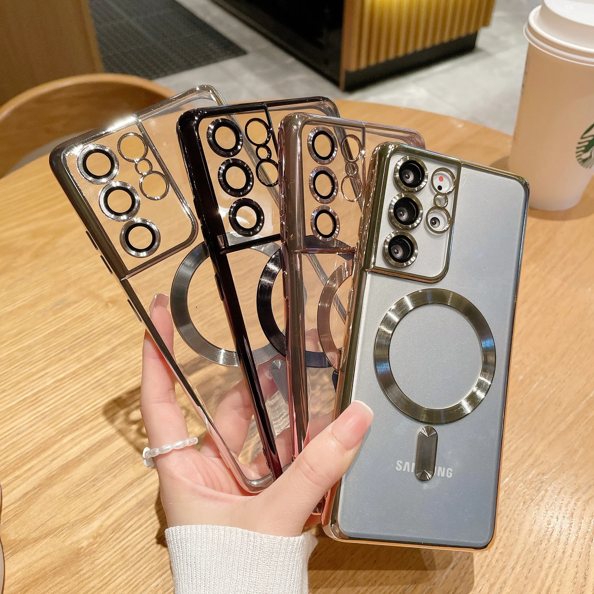 Protective Lens Film Phone Case Magnetic Phone Case Transparent Plating TPU Mobile Case for Samsung S21 S22 Plus Ultra