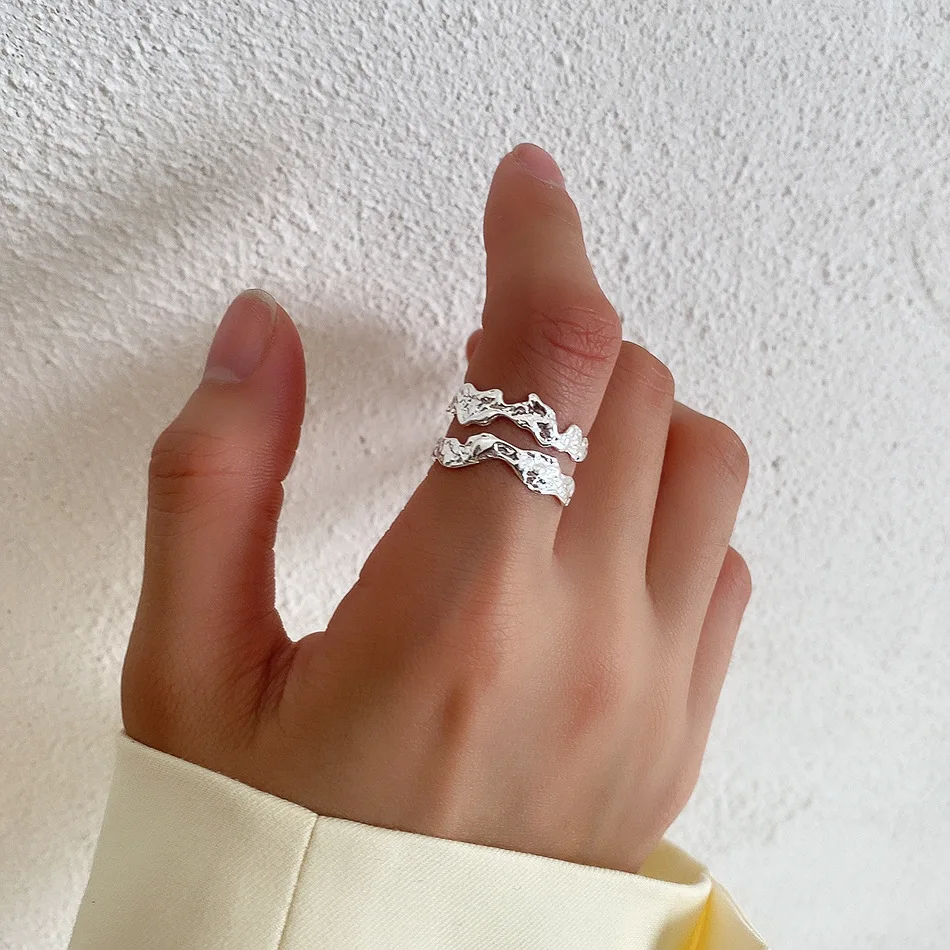 VIANRLA Double Band Open Statement Ring 925 Sterling Silver Texture Adjustable Rings