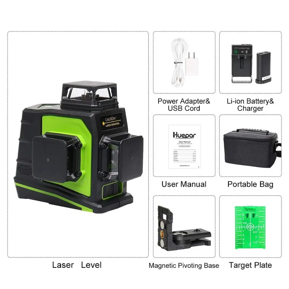 Pro Huepar OSRAM Rechargeable GF360G,Multi line Outdoor Pulse Mode,Green Beam 3D 12 Cross Line Rotary Land Nivel Laser Level