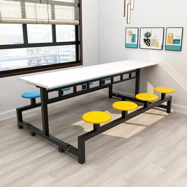 Steel Canteen Table With Bench Cafeteria seating set with benches for 6 to 8 people Steel cafeteria table with long benches
