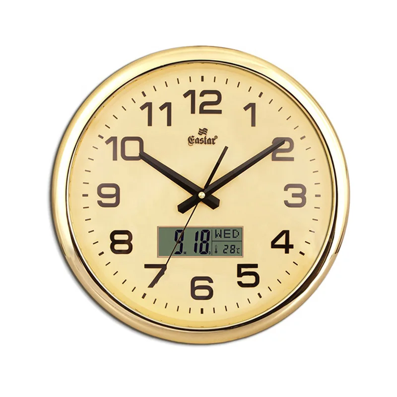 
Factory direct sales exquisite electroplated round metal like wood with thermometer calendar display wall clock 