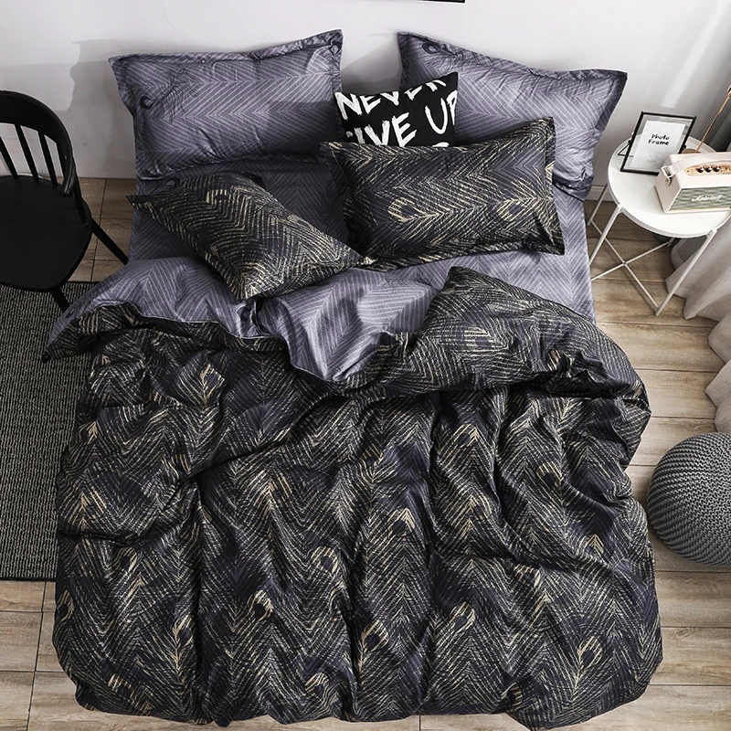 
Super hot sale 100% polyester luxury black gold feather design disperse printing bedding sets bed linen bed sheet sets 
