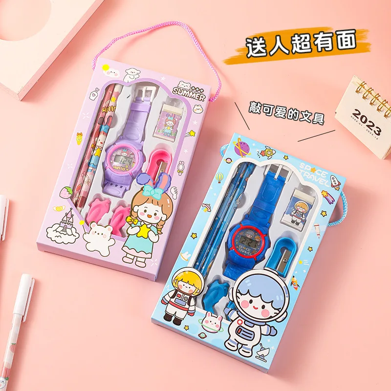 Wholesale School gift cartoon electronic watch Stationery Gift Box Stationery Set Mini Gift With Watch