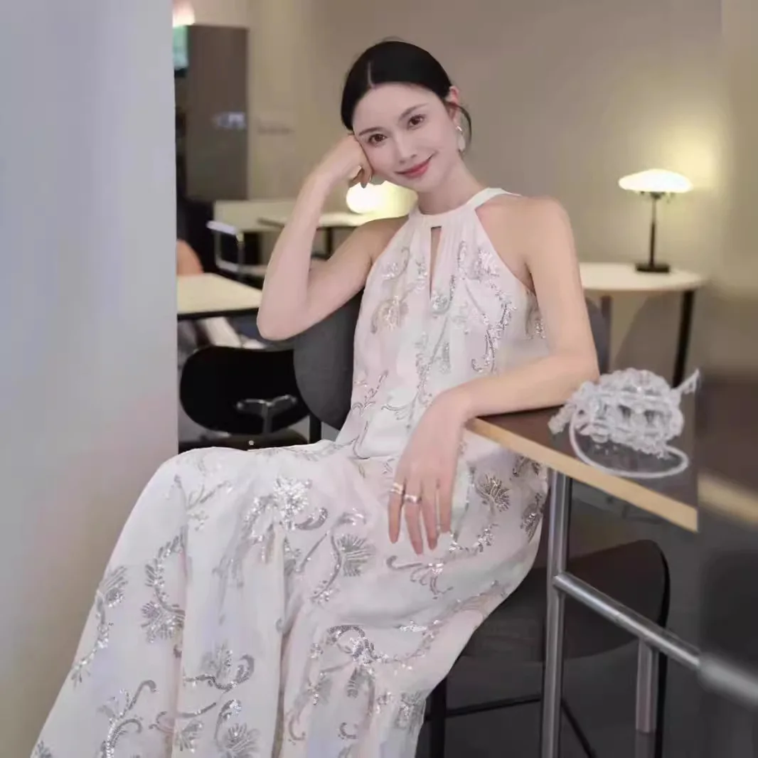 2024 Women New Fashion Elegant Holiday Wind Pearl Cutout Halter Dress New Style Small Mass Heavy White Dress