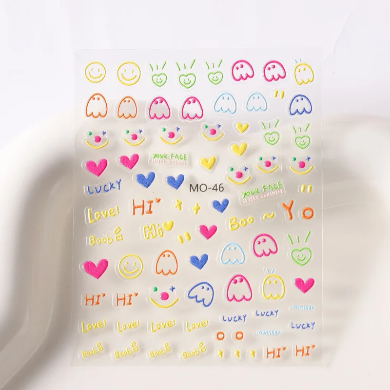 Self Adhesive Cartoon Nail Decals Decoration Sticker Flower Heart Star 3D Colorful Nail Stickers Embossed Nail Stickers