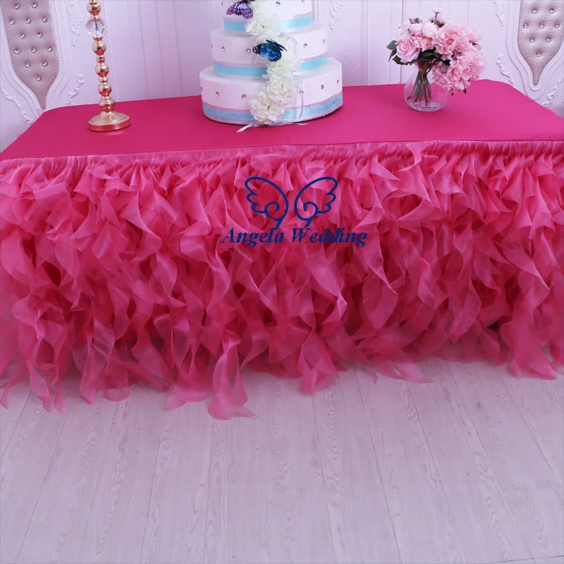 CL010R  manufacture wholesale price 6ft rectangle ruffled curly willow frilly fancy hot pink table cloths with top for wedding