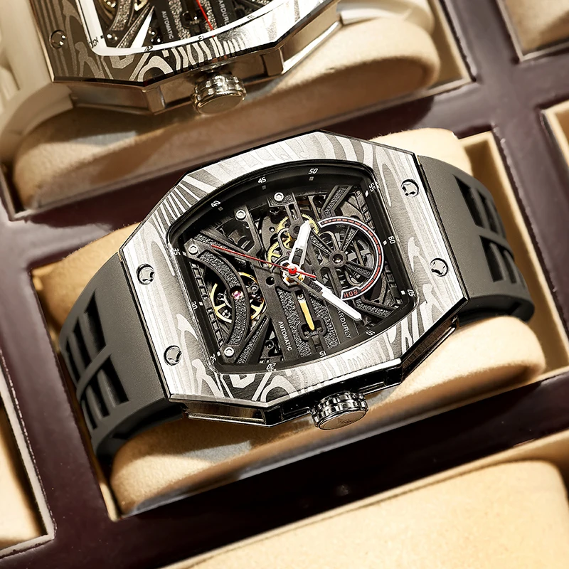 JINLERY Square Skeleton Automatic Mechanical Watch with  Waterproof Luminous Sapphire Mirror Wrist Watches For Man