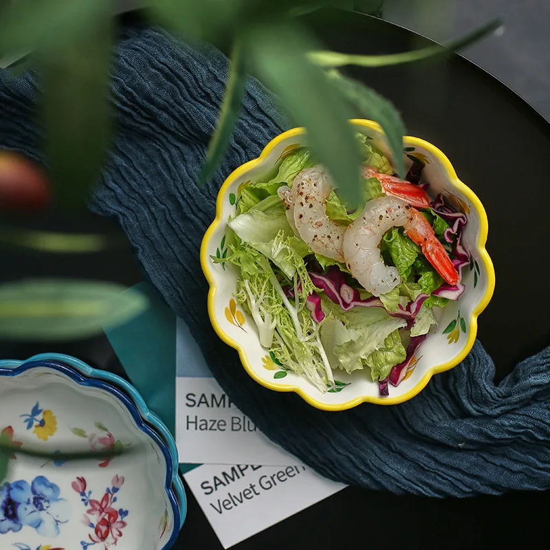 Wholesale Wavy Lace Ceramic Bowl Soup Rice Bowl Fruit Salad Dessert Underglaze Colour Porcelain Carton Customized Fashionable