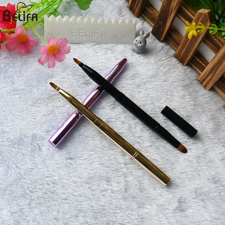 Custom Private Label vegan synthetic hair professional double side dual head lip gloss concealer retractable lip brush with cap