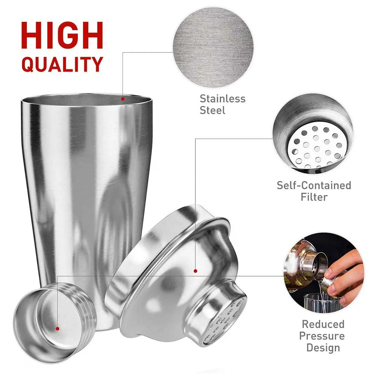 Wuyi Camol Factory 18oz Cocktail Shaker Bartender Shaker Stainless Steel Drink Mixer 550ml Martini Shaker