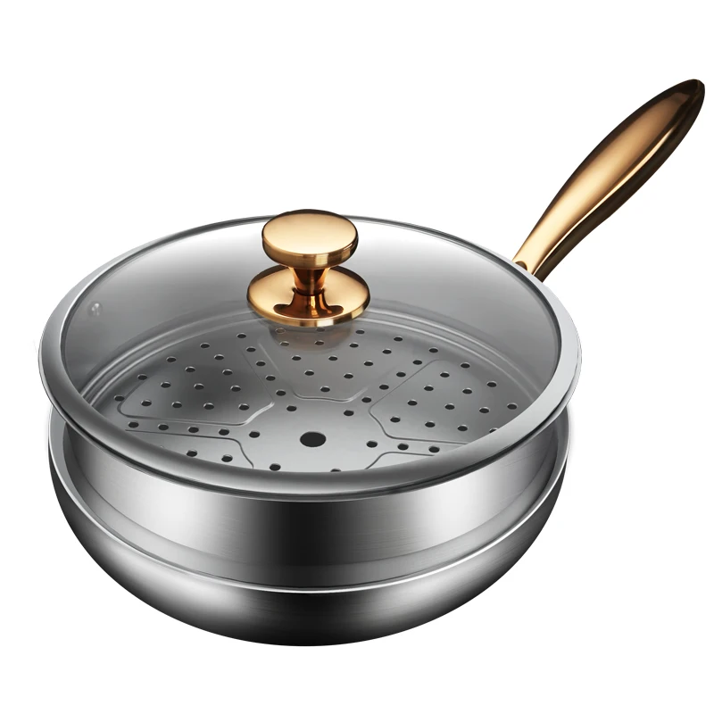 New design Double woks with steamer Multi-purpose stainless steel wok Gilded Lid and Handle Durable household kitchenware