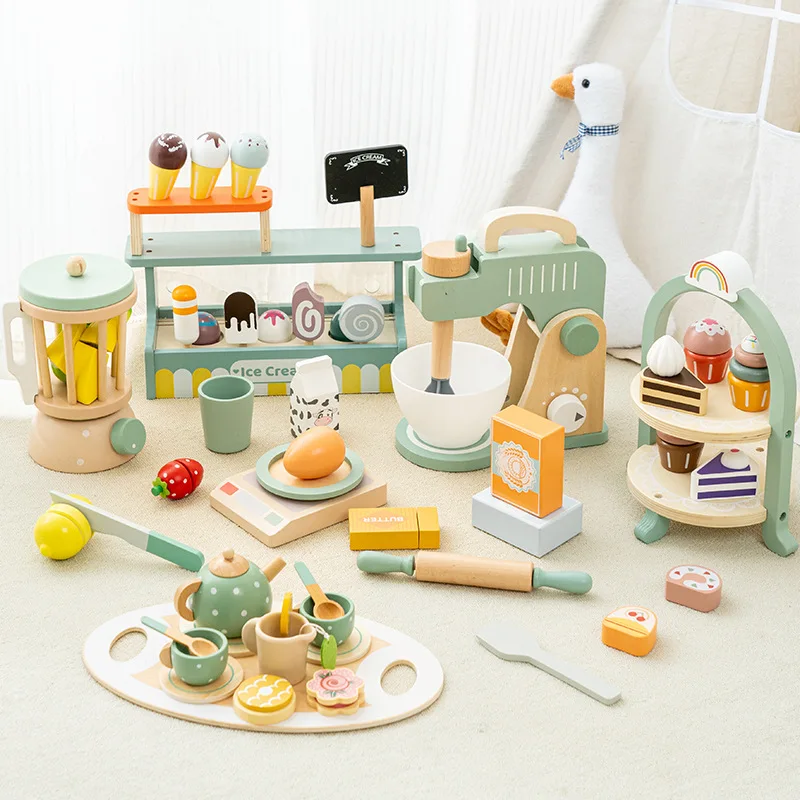 Montessori Cartoon Macaron Children Little Cooking Family Baby Mini Afternoon Tea Food Fruits Dresser Toys For Kids Boys Girls