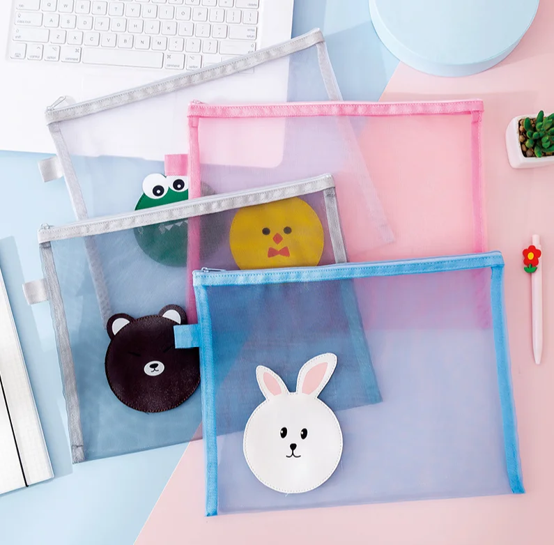 Q A4 Transparent mesh file pouch Multifunctional office file folder Student cartoon zipper pen pouch