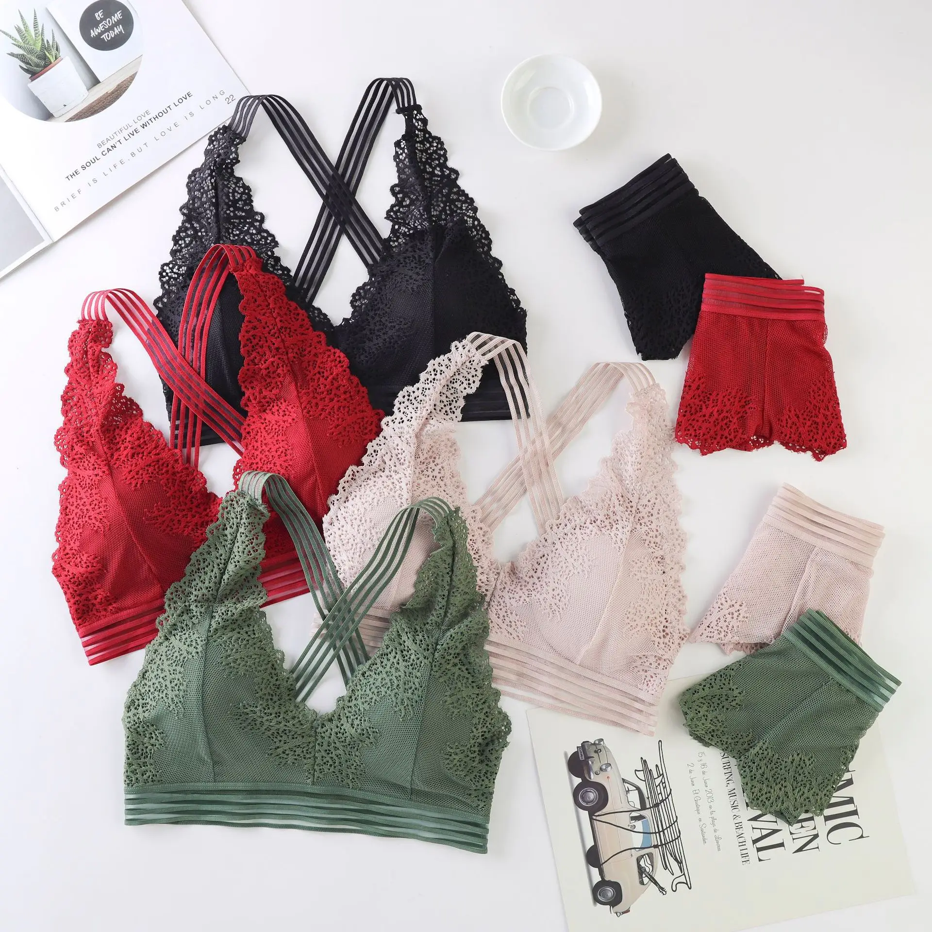 Deep V neck lace brallet bra panty set fashion embroidery lace triangle halter bra brief set wireless bra with removable pads