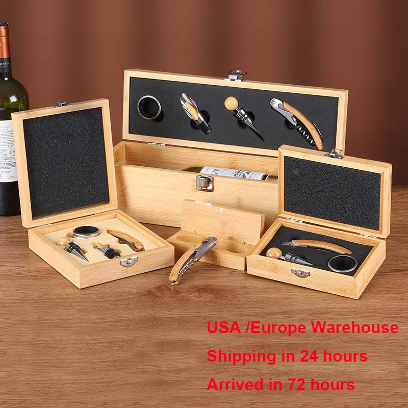 Customized Oem China Wholesale Wine Gift Set Box Wedding Wooden Bamboo Accessory Corkscrew 5 Pieces